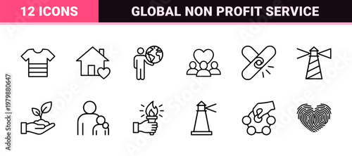 Charity and volunteer community support minimalist outline icon set