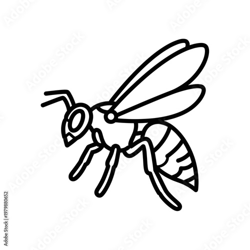 A simple black and white line drawing of a wasp in flight, showcasing its segmented body and wings.