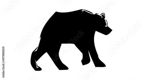 Minimalist walking bear silhouette, abstract geometric grizzly logo, vector black forest animal icon isolated on white