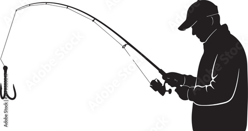 Man fishing silhouette with rod and hook in water