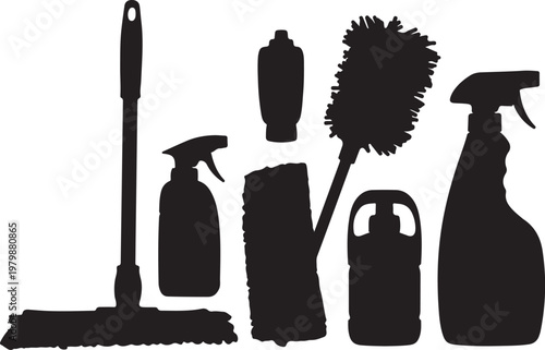 Cleaning supplies and tools in black silhouette on white background