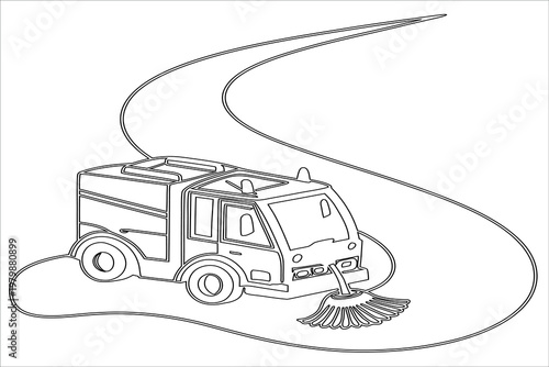 Street cleaning vehicle actively sweeping urban road surface for maintenance