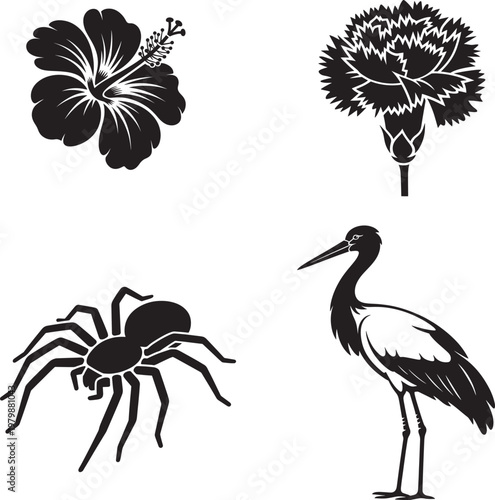 black and white animal and plant silhouettes on white background