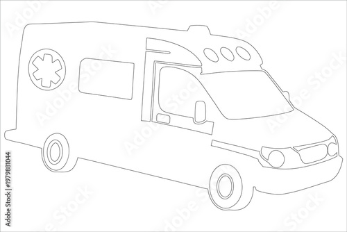Side view line drawing of an ambulance vehicle with emergency symbols