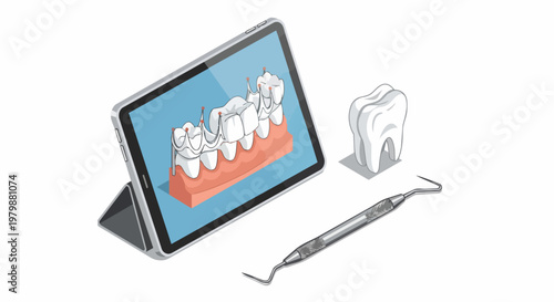 Isometric Digital Dentistry Illustration Featuring Tablet with 3D Dental Implant Model, Tooth, and Professional Explorer Tool