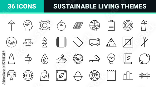 Sustainability and green energy minimalist ecology outline icon set