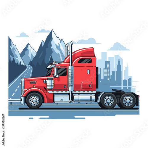 A vibrant red semi-truck is depicted driving on a road with a city skyline and mountains in the background.