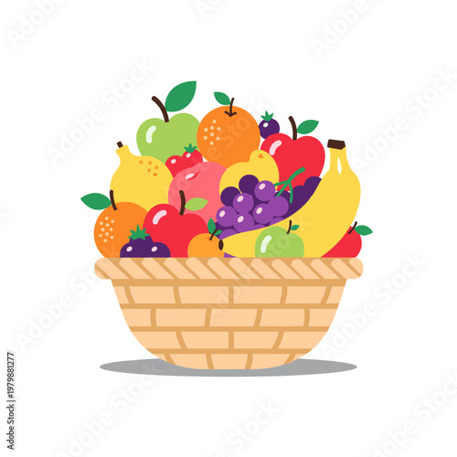 A vibrant and colorful illustration of a woven basket overflowing with a variety of fresh fruits.