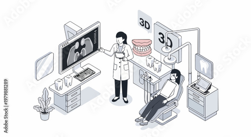Modern Isometric Dental Clinic Illustration with Dentist and Patient Showing 3D Digital X-ray Scan