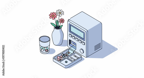 Isometric Illustration of an Automated Pill Dispenser and Smart Medication Management System for Home Healthcare