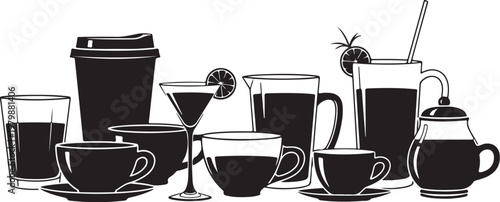 Black and white illustration of various drinkware and glasses