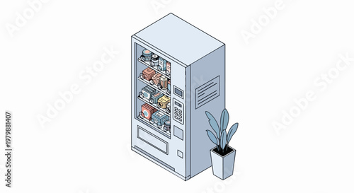 Isometric Vending Machine Illustration with Snacks and Potted Plant on White Background