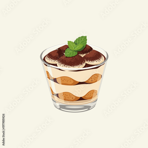 A delicious Italian tiramisu dessert served in a clear glass cup, layered with coffee-soaked biscuits, creamy mascarpone, and topped with cocoa powder and fresh mint.