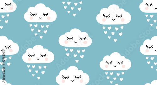 Seamless repeating pattern of cute sleepy cartoon clouds raining down tiny white hearts against a solid light blue sky background.