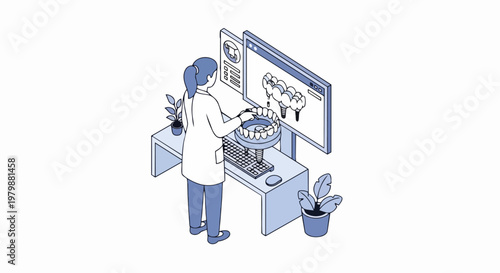 Isometric Illustration of a Dental Technician Designing Digital Tooth Implants and Prosthetics on a Computer