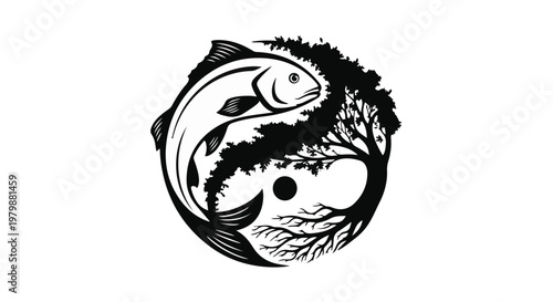 Fish and tree illustration depicts an abstract yin yang symbol representing natural.