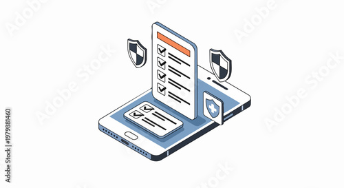 Isometric Smartphone with Security Shields and Checklist for Data Protection and Mobile Insurance Concept
