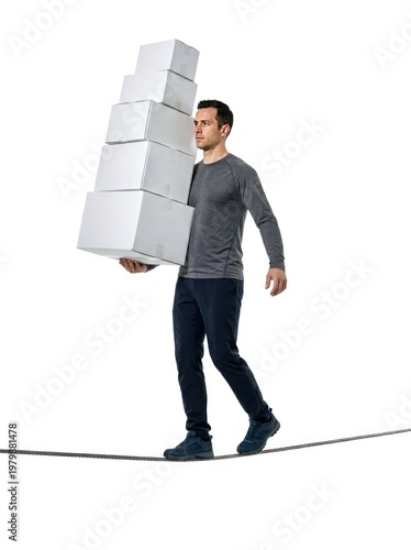 Man balancing boxes while walking on a rope.