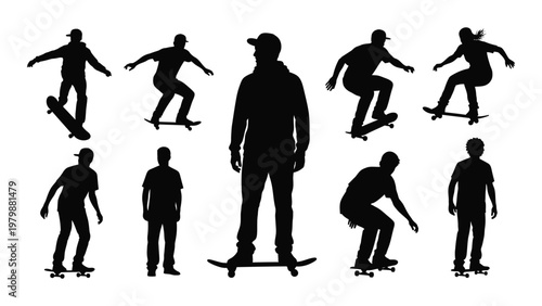 A collection of black silhouettes depicts diverse individuals engaged in skateboarding and casual standing poses high quality professional detailed modern elegant