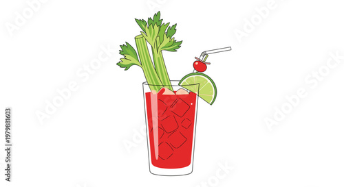 Classic bloody mary cocktail in a tall glass garnished with celery a lime wedge and cherries on a clean white background.