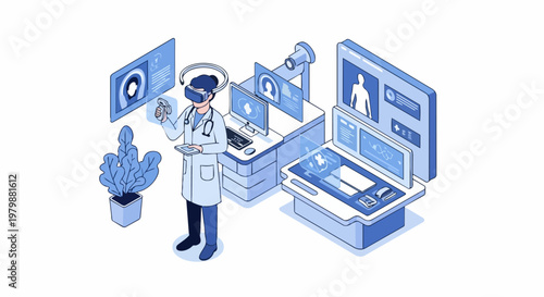 Futuristic Telemedicine and Virtual Reality in Healthcare Isometric Illustration with Medical Professional and AI Diagnostic Data Screens