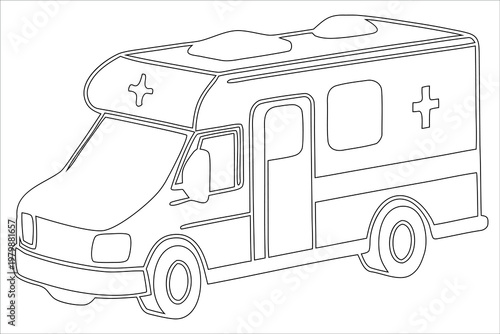 Line drawing of an ambulance vehicle with medical symbols on its sides