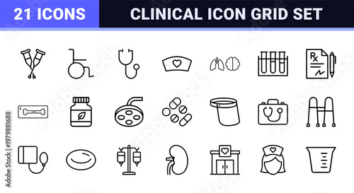 Healthcare and medical icons in minimalist outline style for clinic and laboratory.