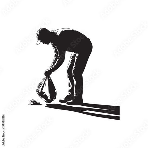Silhouette of a person bending down to pick up trash with a plastic bag representing environmental cleanup and waste