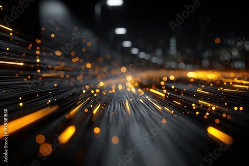 High-Speed Golden Fiber Optic Data Streams Racing Toward Vanishing Point on Dark Background