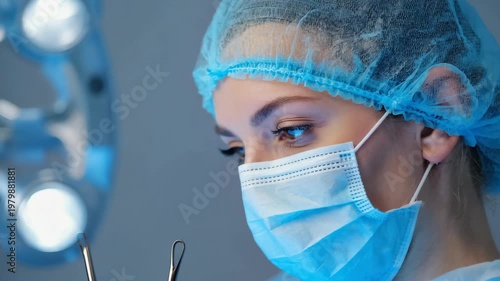 Focused female surgeon in protective mask and uniform preparing for operation, illuminated by bright light in operating theater, healthcare, medicine, concentration, dedication, safety, responsibility