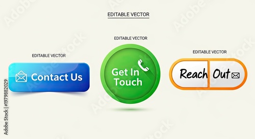 Three colorful buttons with contact information, one blue, one green, and one orange, set against a neutral background.