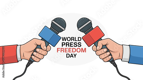World Press Freedom Day illustration with journalists holding microphones and bold typography