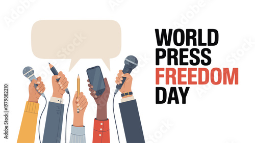 World Press Freedom Day illustration with journalists holding microphones and asking questions