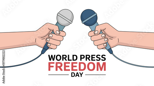 World Press Freedom Day illustration with journalists holding microphones and bold typography
