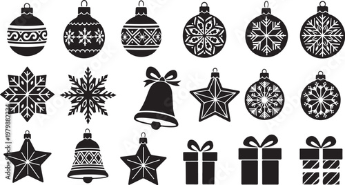 Christmas icons and symbols in black and white illustration style