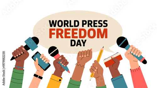 World Press Freedom Day illustration with journalists holding microphones and asking questions