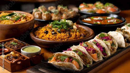 Delicious spread of Mexican and Asian dishes served on wooden table at a restaurant during dinner time