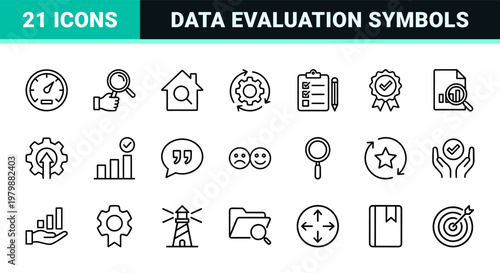 Business evaluation and data analysis minimalist outline icon set