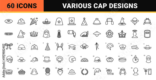 Minimalist headwear and hat outline icon set for fashion and professions