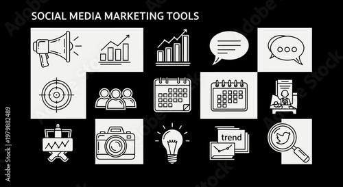 Social media marketing business tools icons.