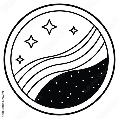 A minimalist vector graphic illustration of a moon with stars and craters