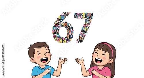 Children looking at a number sixty-seven made of letters. Kids learning concept. Early education material vector illustration