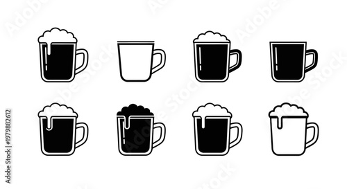 Set of beer mug icons with foam in black and white styles line art and silhouette designs isolated on white background drinks