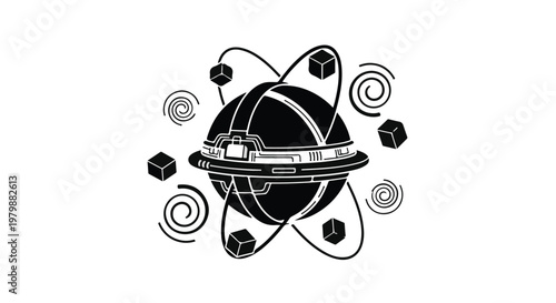 Sphere surrounded by orbiting cubes represents a futuristic digital ecosystem.