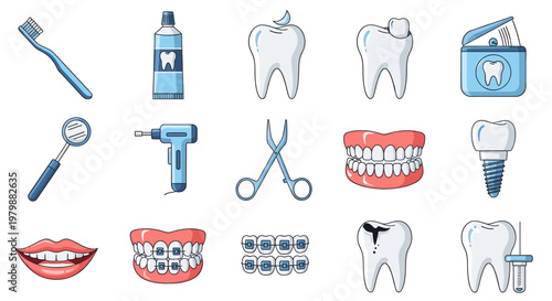 Dental care equipment and teeth health symbol vector illustration collection for clinic banner, poster or infographic element