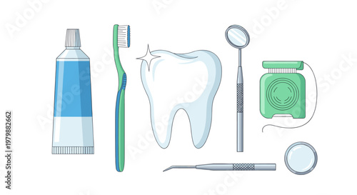 Dental hygiene tools isolated on white background. Set toothbrush, toothpaste, floss, mirror and tooth. Flat style. Oral care concept. Vector illustration for clinic, poster, banner