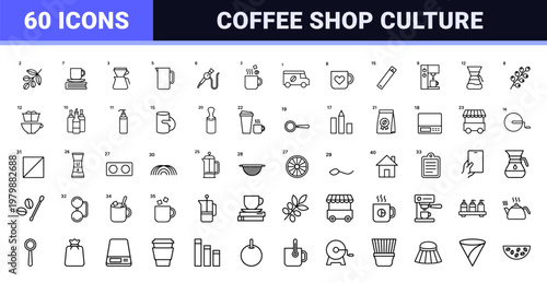Minimalist coffee and tea line icons for cafe branding