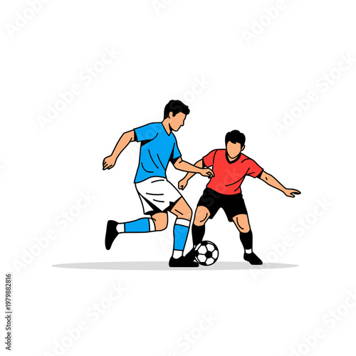 Two male soccer players in action, one in blue, one in red, competing for the ball