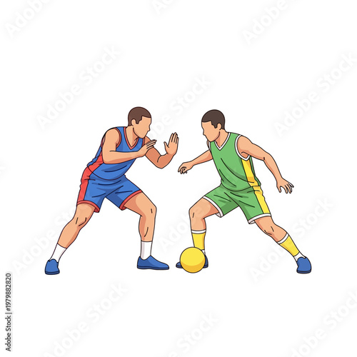 Two basketball players in action, dribbling and defending, sports illustration
