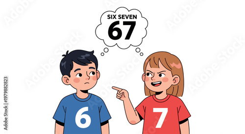 Two kids showing the numbers 6 and 7, discussing a math or counting problem. Education concept vector illustration